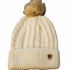 Cable Knit Pom Beanie with Repurposed Designer Button Pin